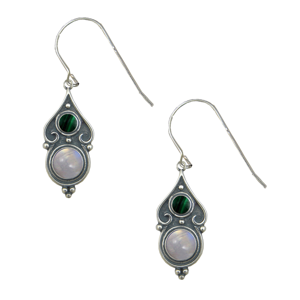 Sterling Silver Designer Post Stud Earrings With Rainbow Moonstone And Malachite